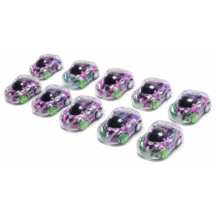 Set 10 Masinute Copii, Mini Masini de Jucarie cu Frictiune, Transparente, Multicolore, Roti Verzi, 4.5 cm, Jucarii Baieti, Cadou Copii, Roz, Dalimag