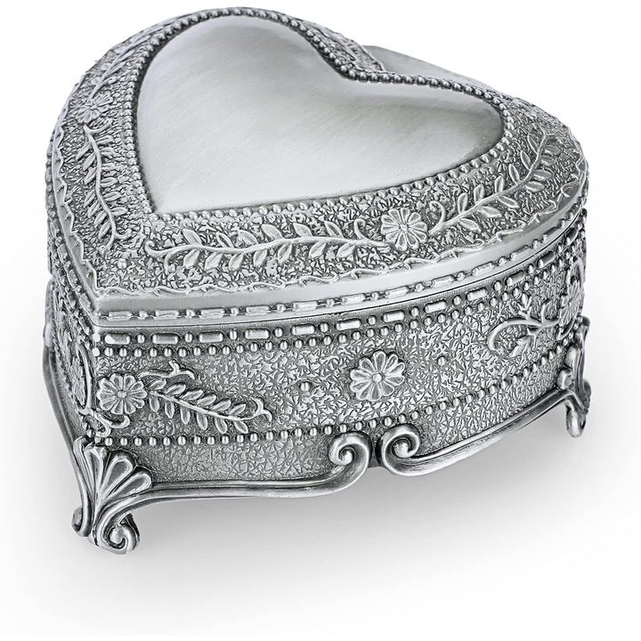 Cutie bijuterii vintage in forma de inima, design elegant, interior din catifea neagra, pentru cercei, inele, bijuterii mici