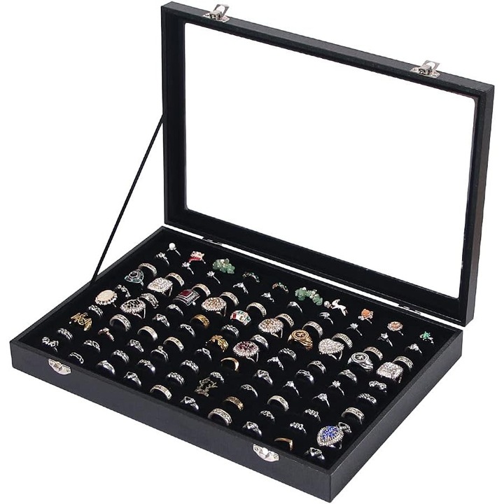 Кутия за бижута, органайзер за пръстени и обеци, 100 отделения, черна