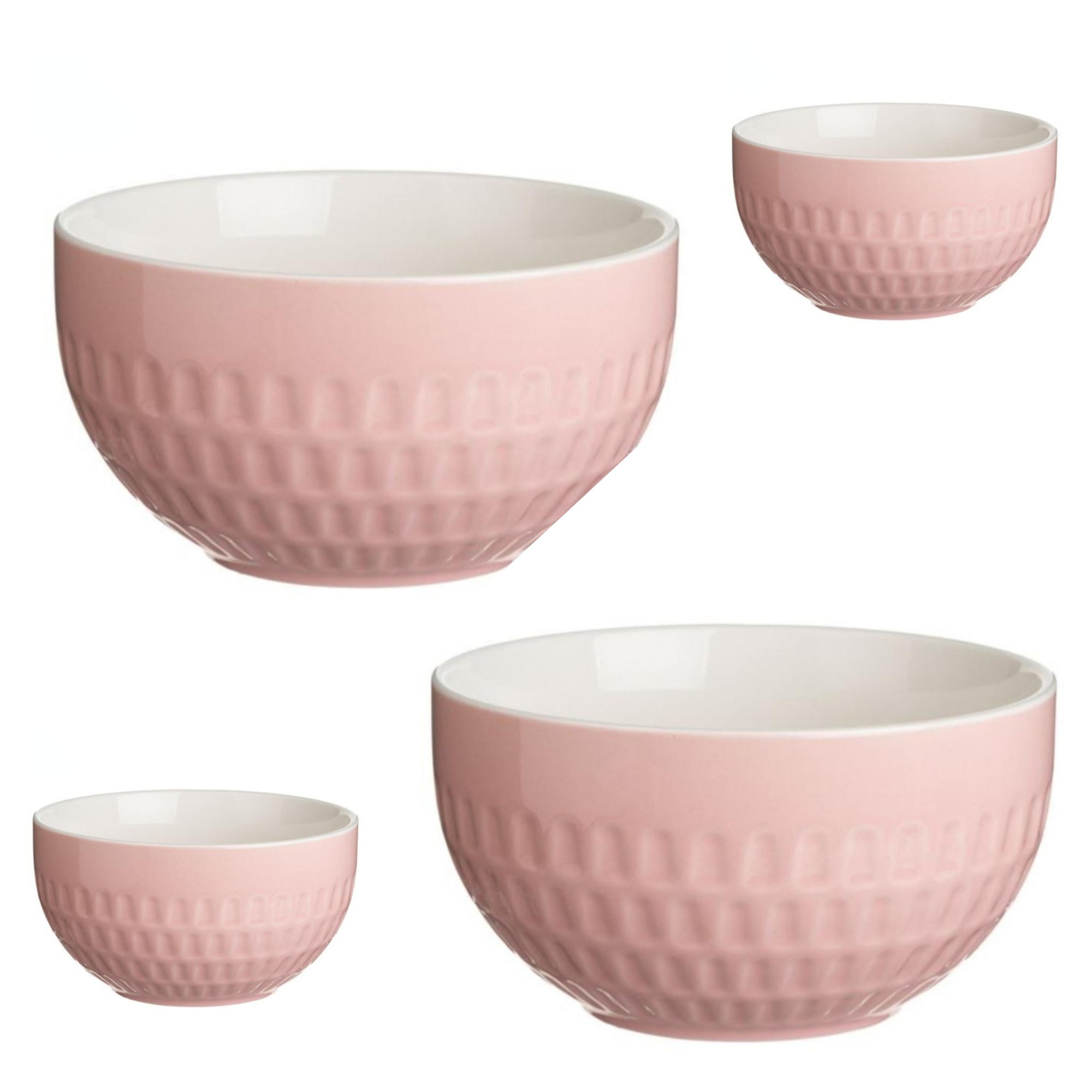 Set de 4 boluri de porțelan reliefat alb/roz 13.5x7.3cm, 630 ml