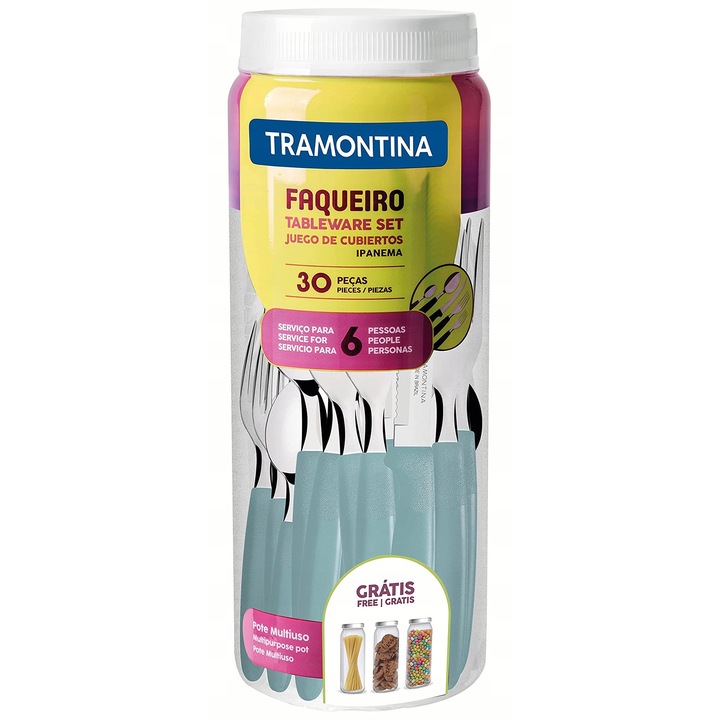 Set tacamuri Ipanema, Tramontina, 30 piese, inox, 6 persoane, albastru deschis, 10,4x10,4x27,4cm