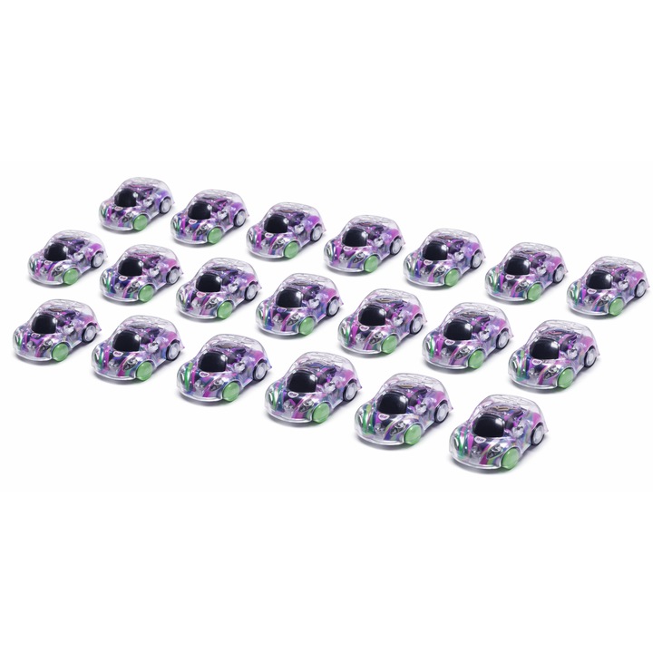 Set 20 Masinute Copii, Mini Masini de Jucarie cu Frictiune, Transparente, Multicolore, Roti Verzi, 4.5 cm, Jucarii Baieti, Cadou Copii, Roz, Dalimag
