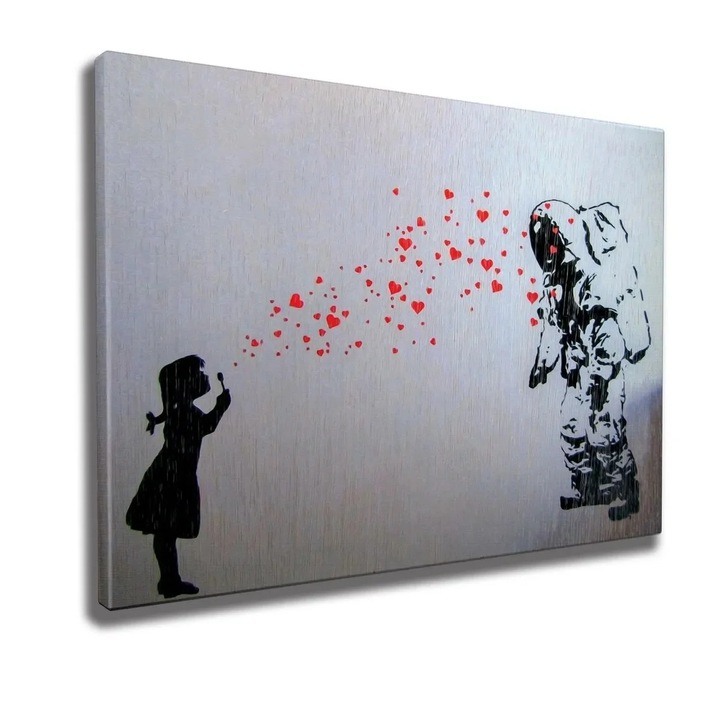Tablou decorativ Re-Bloom, model astronaut, lemn/panza, gri/negru/rosu, 70 x 100 cm