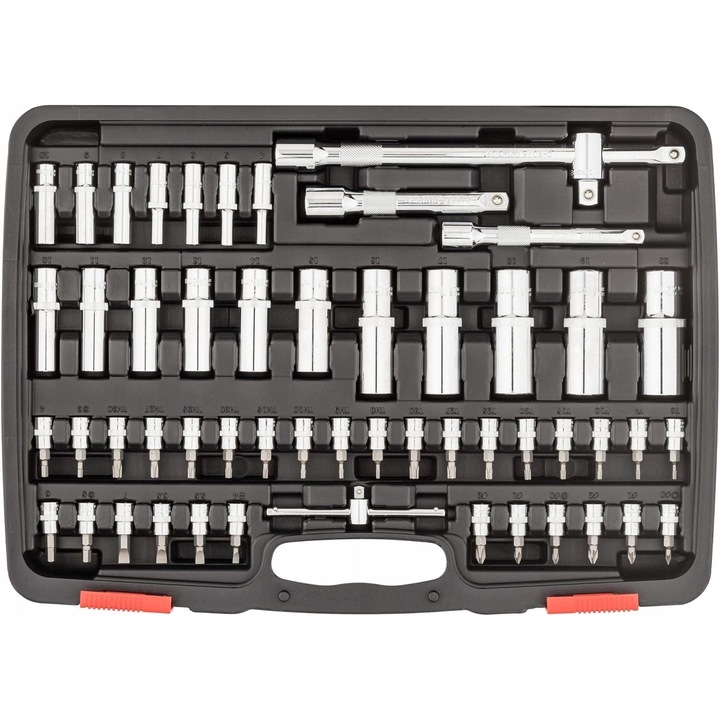 Set chei cu tubulare Vigor 172 elemente, suruburi hexagonale si patrate, dimensiuni 6.3x8mm, 6.3x10mm, 6.3x12.5mm, 12.5xE, 6.3xTORX, 6.3xPozidriv