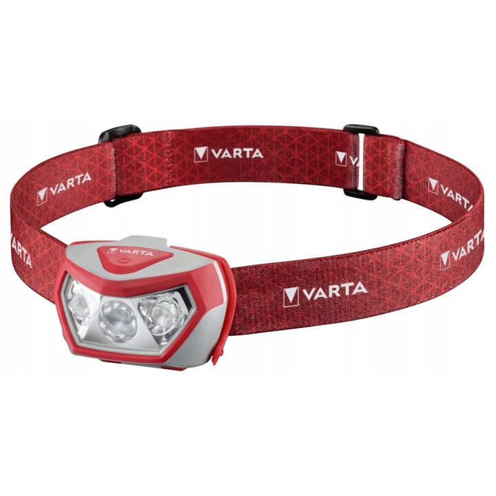 Lanterna frontala Varta H20 Pro, 3 moduri, rezistenta la stropire, rosie, cu 3 baterii AAA