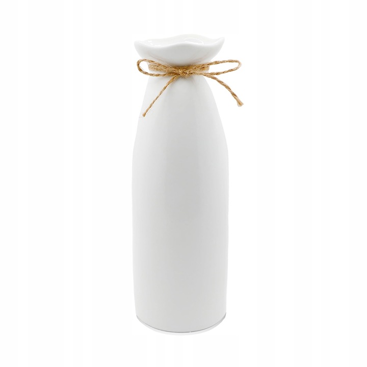 Vaza ceramica alba 21cm, design minimalist cu sfoara din iuta, decorativa pentru flori proaspete si uscate