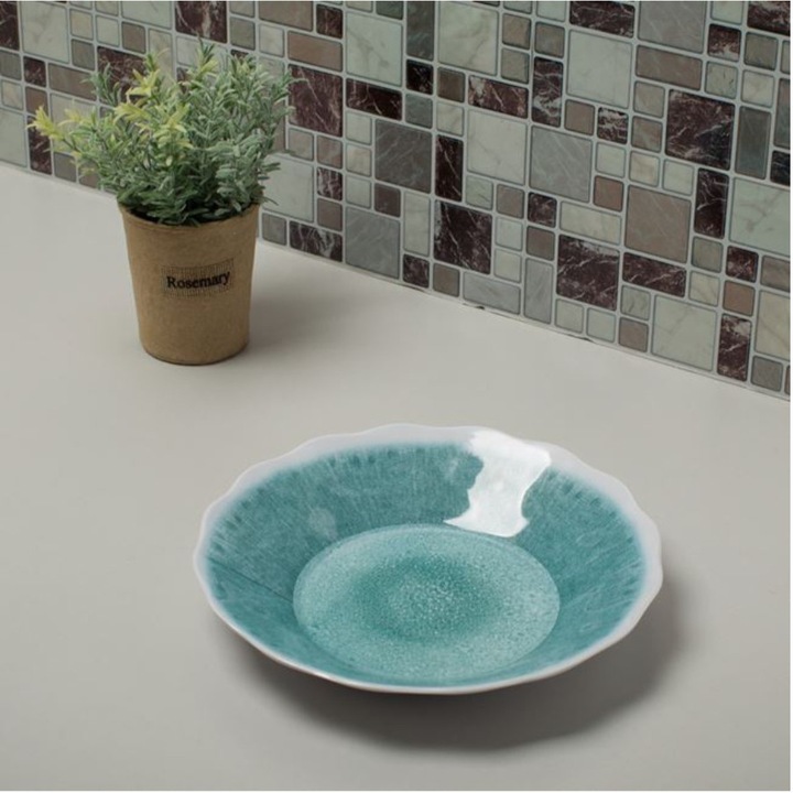 Farfurie adanca din melamina, model Scallop, turcoaz, 500ml, 22.9x3.5cm