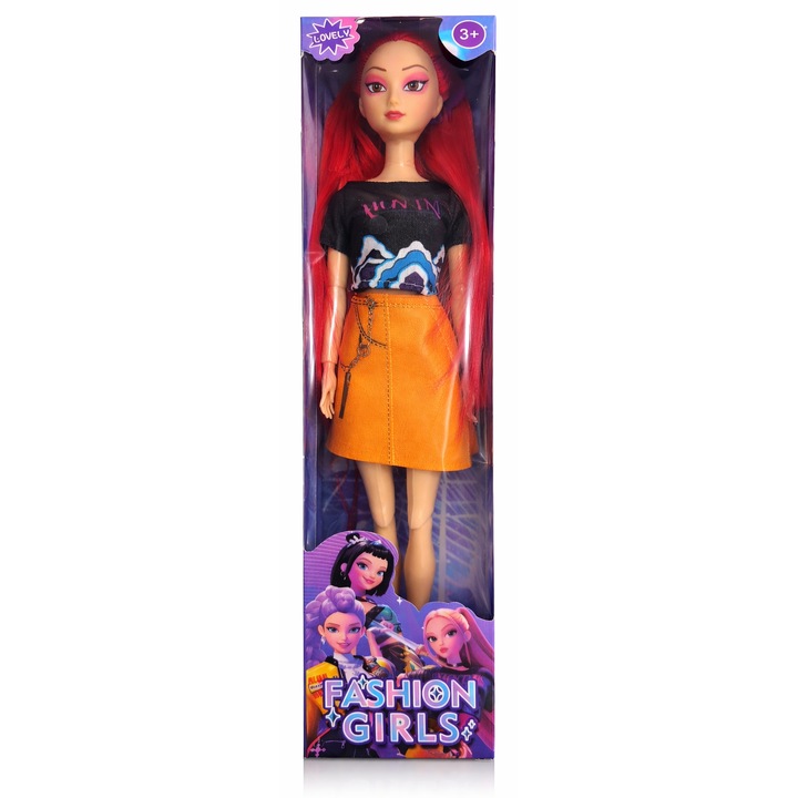 Papusa Fashion Girl, 30 cm, több színű haj, stílusos ruhaszettel, 3 év feletti lányoknak