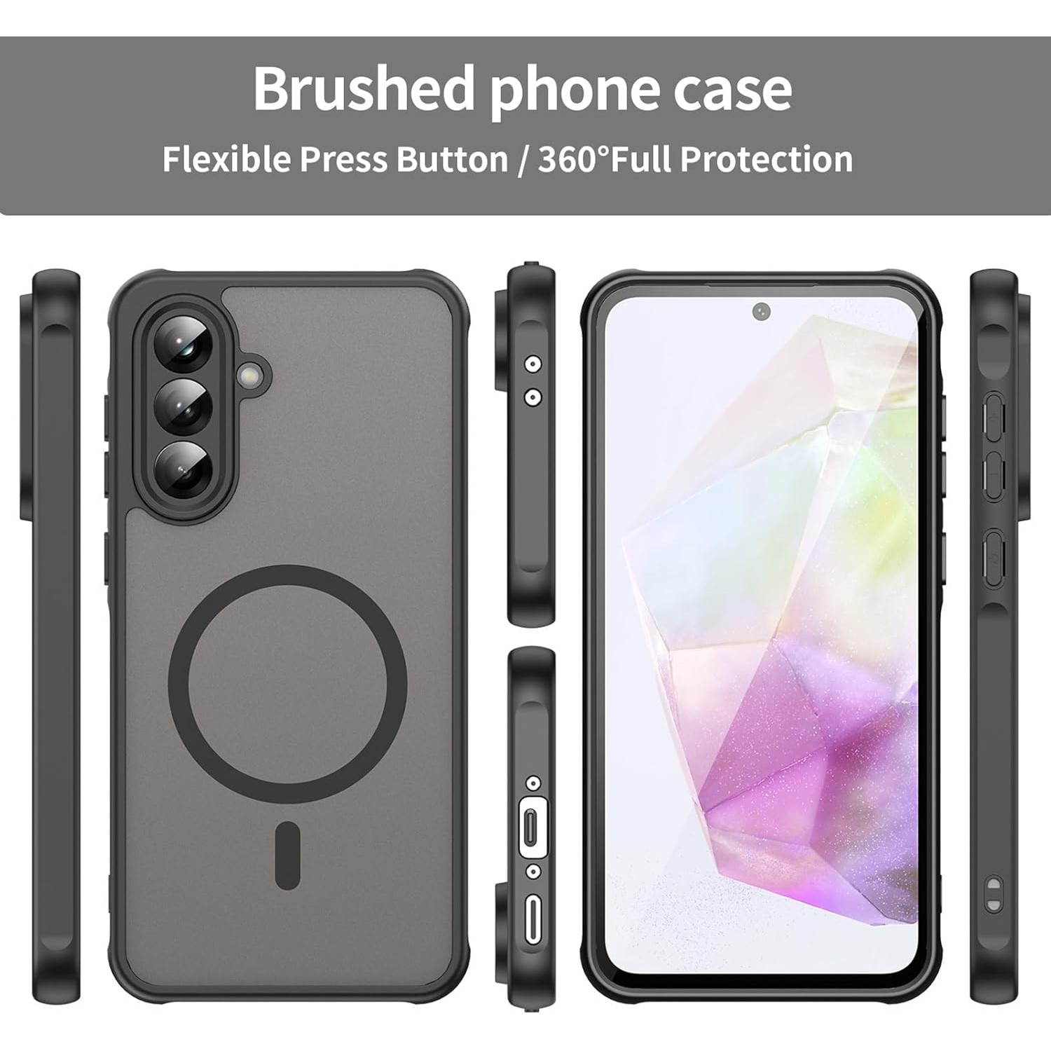 Husa Matte MagSafe compatibila cu Samsung Galaxy A57, protectie completa, contur Negru
