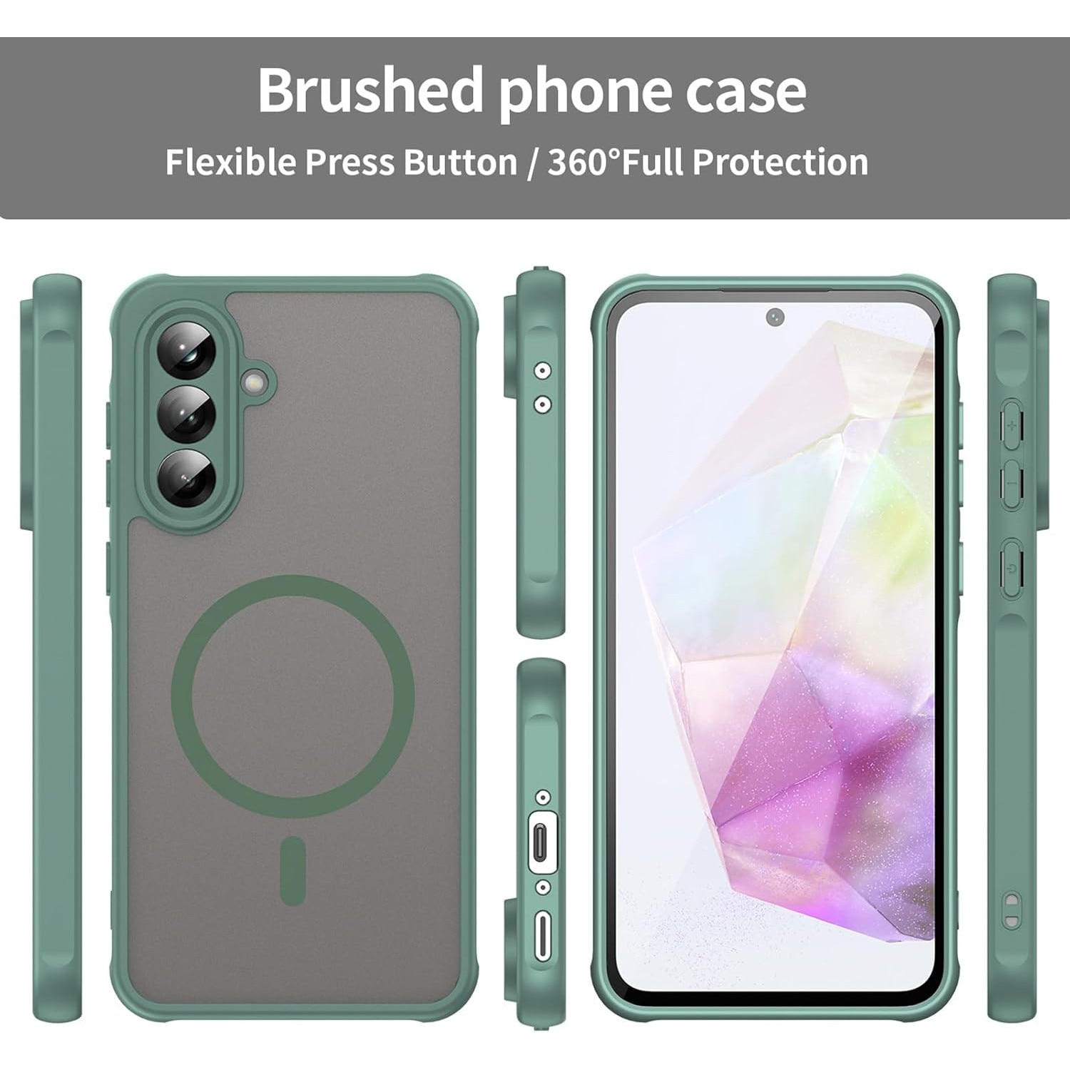 Husa Matte MagSafe compatibila cu Samsung Galaxy A57, protectie completa, contur Verde