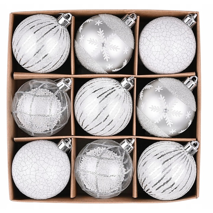 Set 9 Globuri de Craciun 6cm, Srebrno-Bianco, Ozdobe din Plastic