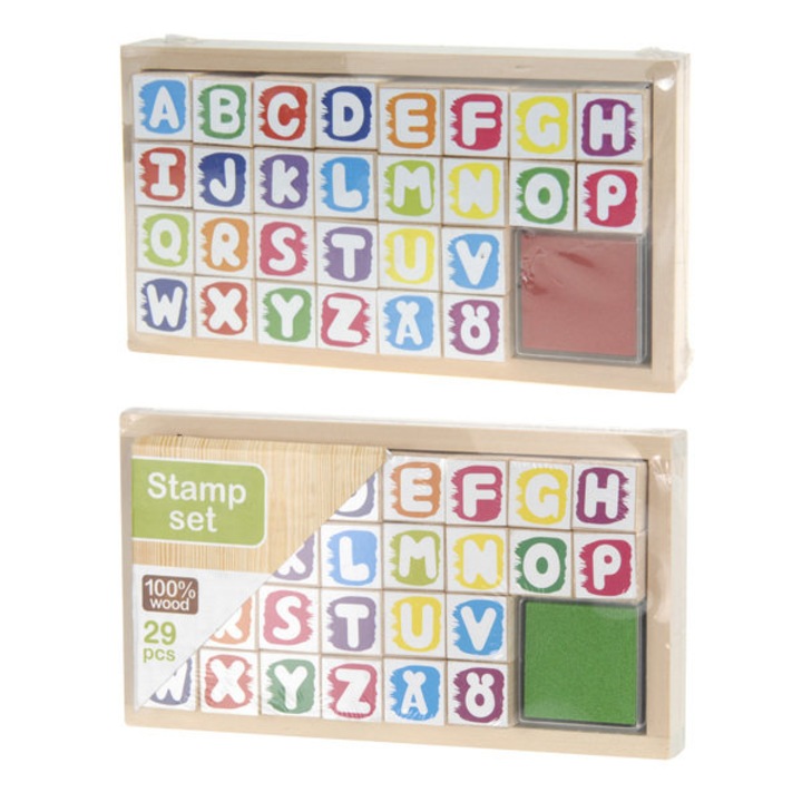 Set 28 stampile din lemn cu tampon alfabet, Koopman, 18x10x3cm