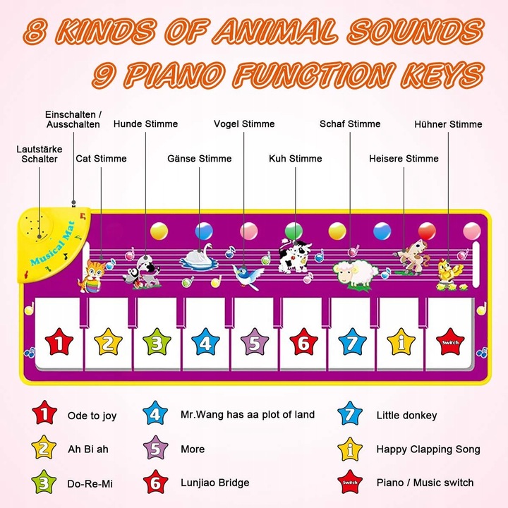 Jucarie muzicala interactiva pentru copii, 100x36cm, 8 sunete de animale, 8 tonuri de pian, multicolor