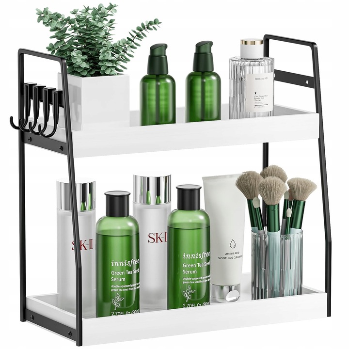 Organizator de bucatarie si baie, 2 niveluri, metal si lemn, alb, cu carlige, dimensiuni reglabile