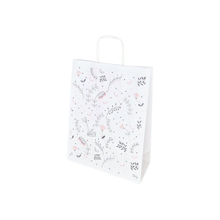 Set 10 buc Punga Hartie Kraft cu Model Floral Mono Dots 22 x 31(H) x 10cm