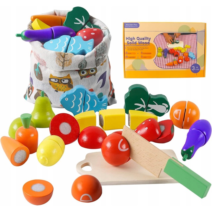 Set de taiat legume si fructe cu masa si cutit, jucarie din lemn, 50,8x38,1x10,16cm, multicolor