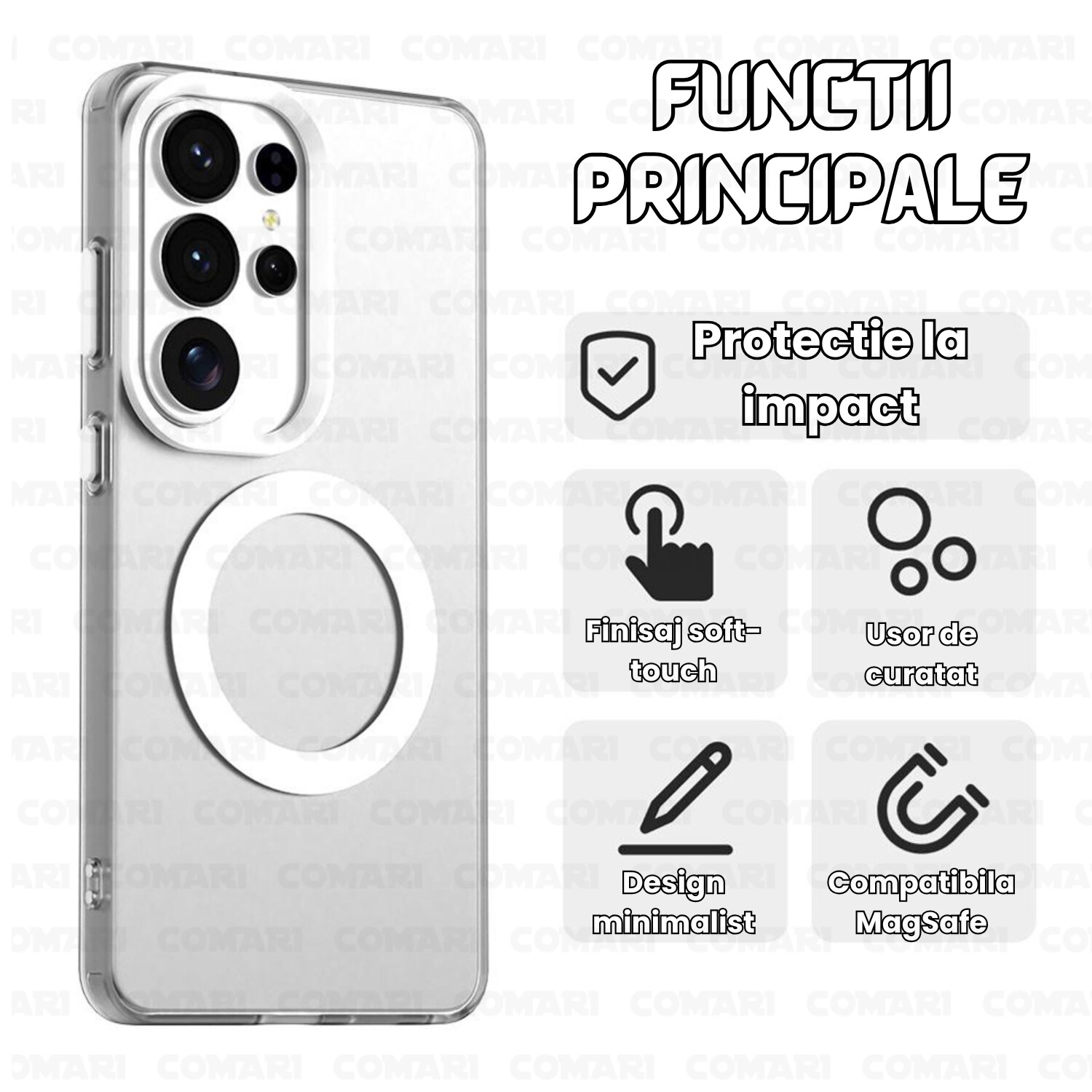 Husa pentru Samsung Galaxy S26 Ultra Comari® CandyMag, compatibila MagSafe, protectie antisoc, laterale ranforsate, finisaj antiamprenta, Alb