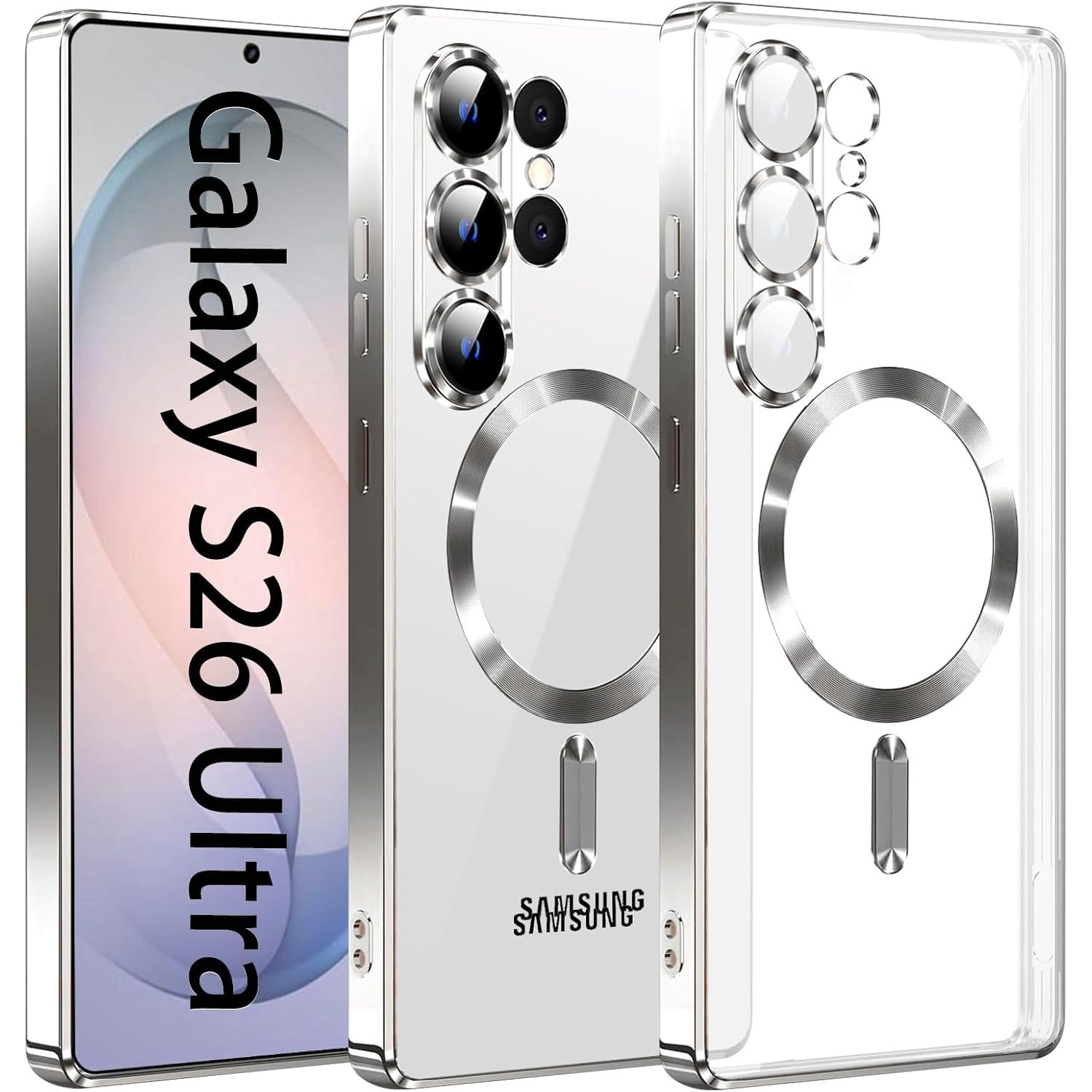 Husa compatibila cu Samsung Galaxy S26 Ultra, ALC MOBILE, pentru telefon mobil cu protectie pentru camera, Tehnologie MagSafe, rezistenta la socuri, contur Argintiu
