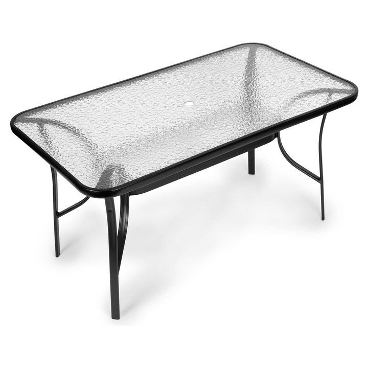 Mese gradina, MultiGarden, sticla, 140x80cm, pentru 6 persoane, cu suport pentru parasol, negru