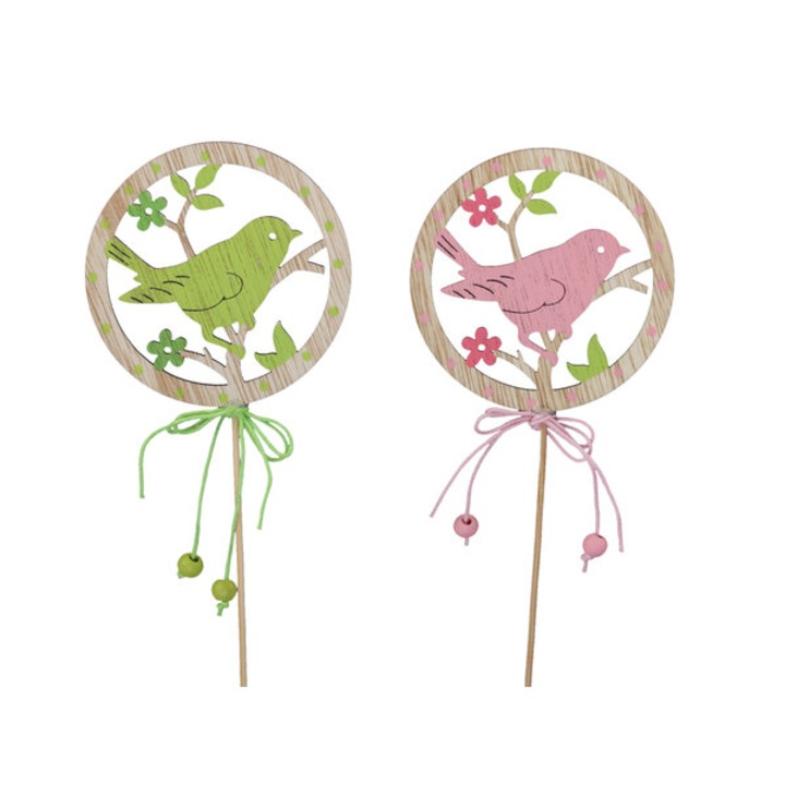 Set 8 Accesorii decorative ED Collection, pui din lemn in cerc, roz si verde, 8x8cm