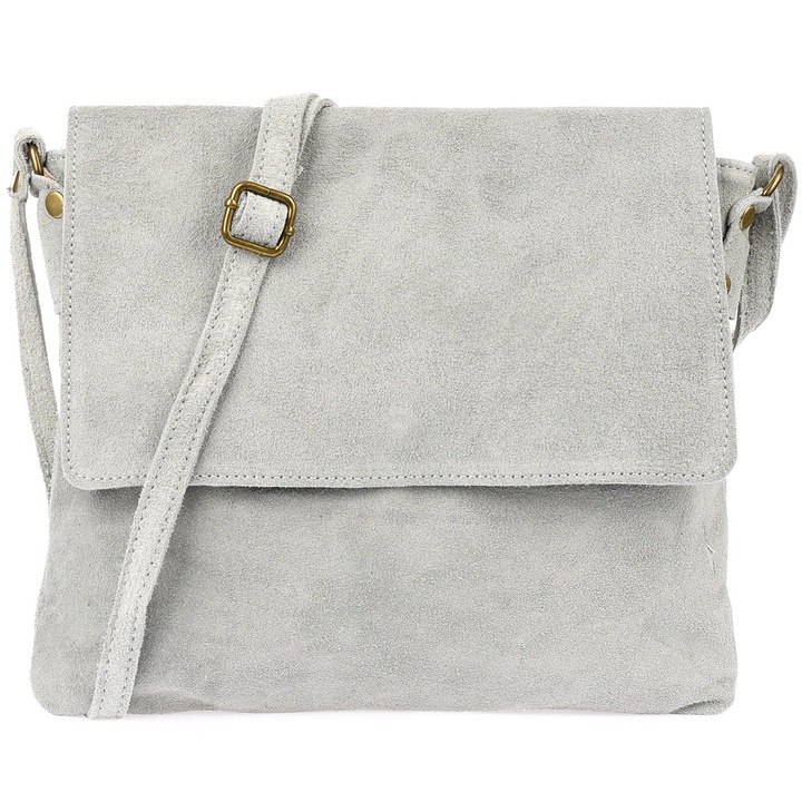 Vera Pelle női táska, természetes bőr "listonoska", világosszürke, méretei 30x25x4cm, állítható pánttal