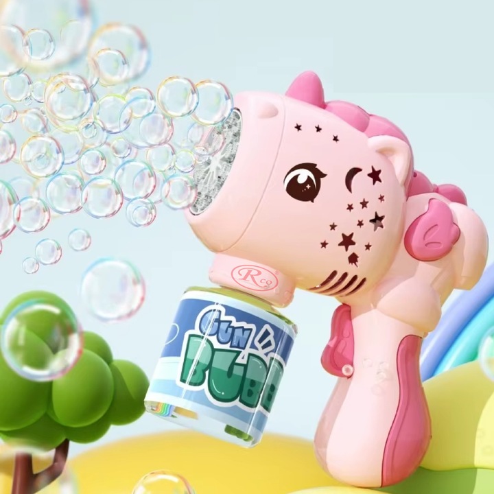 Pistol de facut baloane din sapun, Pink Unicorn RCO®, cu rezerva de lichid, 20 orificii evacuare, WT07-B