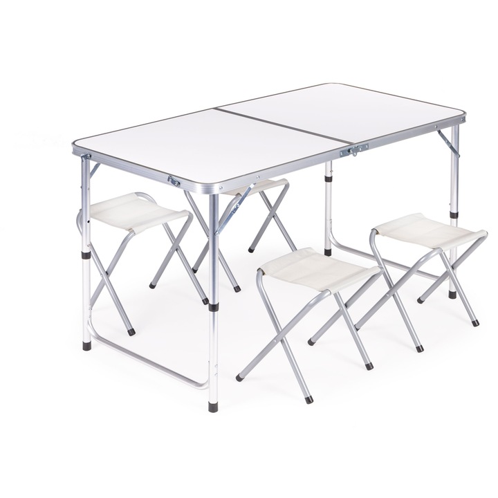 Set camping, MultiGarden, masa pliabila, 4 scaune, alb, 119,5x60cm