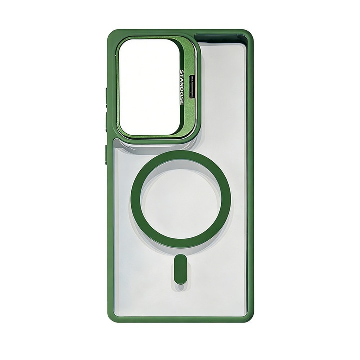 Husa telefon compatibila cu MagSafe, material TPU, spate acrilic, suport metalic, verde compatibila cu Samsung S24