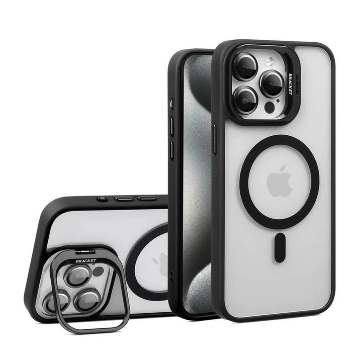 Husa telefon MagSafe compatibila cu iPhone 15, acrilic negru, suport metalic, 9H protectie lentila