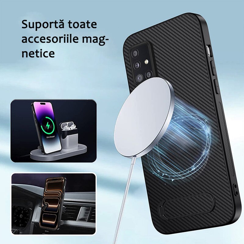 Husa telefon compatibila cu Samsung S24, protectie completa, carbon, suport metalic, incarcare wireless, neagra