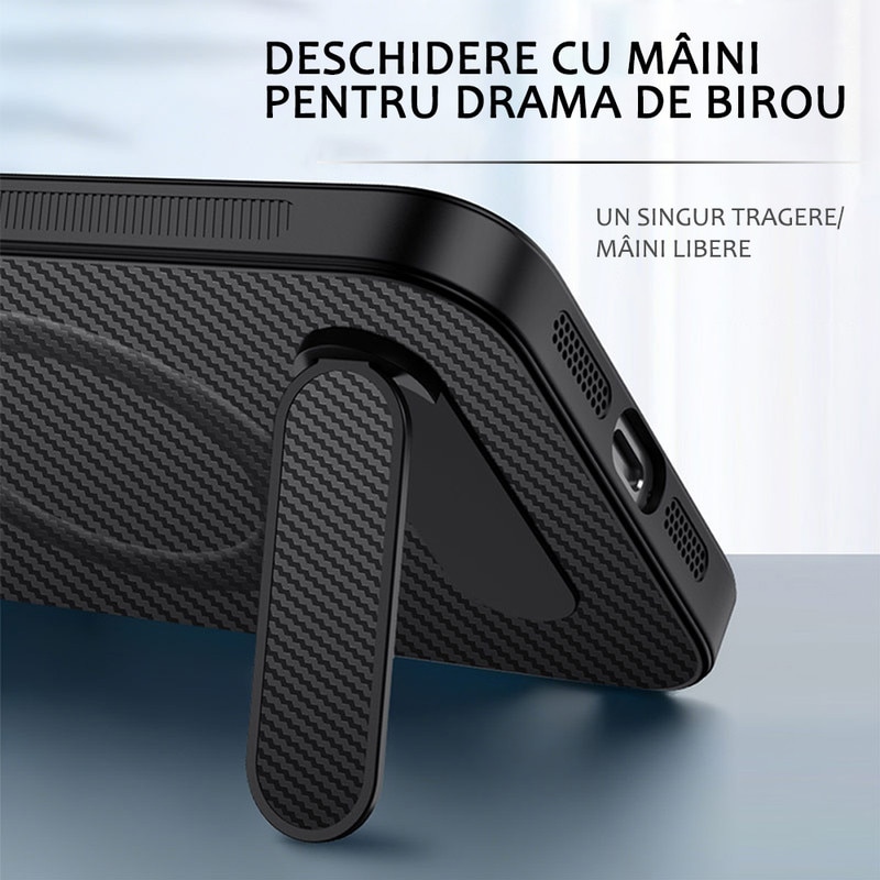 Husa telefon compatibila cu Samsung S24, protectie completa, carbon, suport metalic, incarcare wireless, neagra