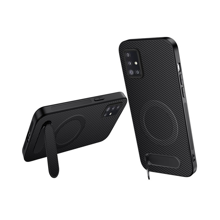 Husa telefon compatibila cu Samsung S24, protectie completa, carbon, suport metalic, incarcare wireless, neagra