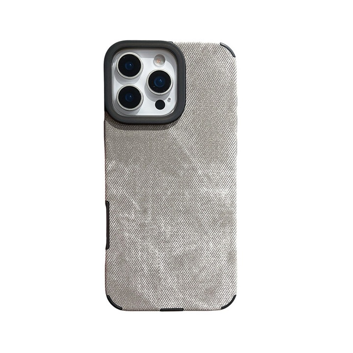 Husa telefon MagSafe compatibila cu iPhone 15, gri, TPU, textura denim, protectie la cadere