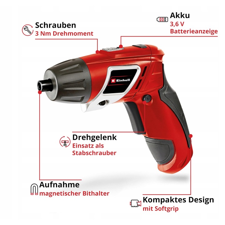 Електрическа отвертка Einhell 3,6V, 3 Nm, с 6 бита, LED, акумулаторна