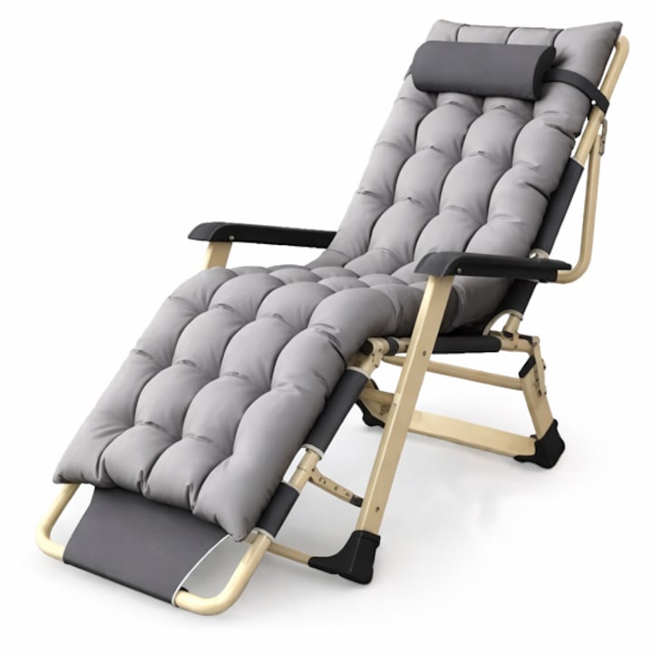 Sezlong de gradina pliabil Galaxia, gri, 155 cm, cu gravitatie zero, reglabil, fotoliu de gradina si plaja, scaun turistic, pat pentru relaxare, structura stabila, confort sporit