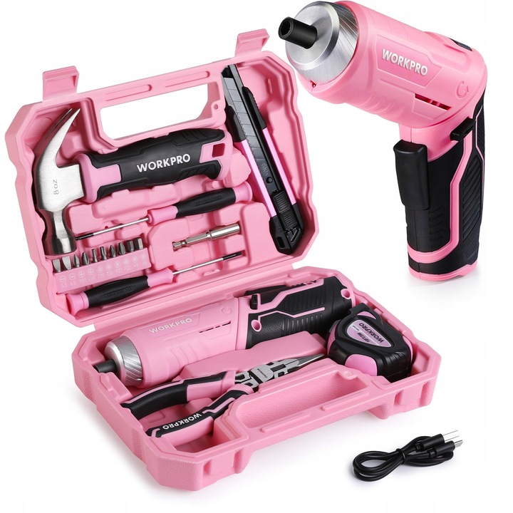 Set unelte WORKPRO 18 piese, cutie roz, cu surubelnita electrica USB C, pentru bricolaj, copii