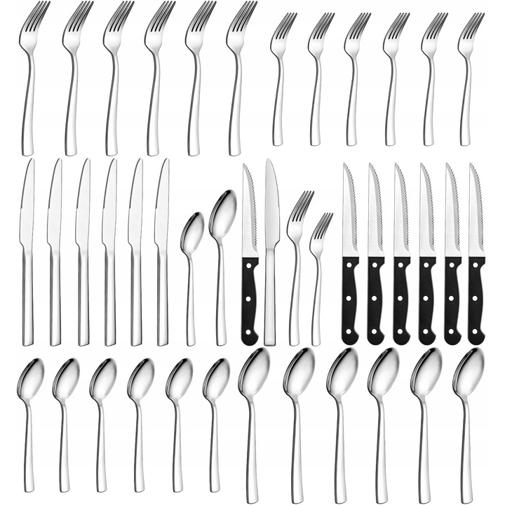Комплект прибори за хранене от 36 части за 6 души, неръждаема стомана, класически дизайн, сребрист цвят