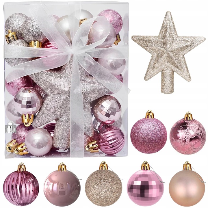 Set 30 Mini Bombite de Craciun 3CM Rozo-Gold cu Suport, pentru Pom de Craciun