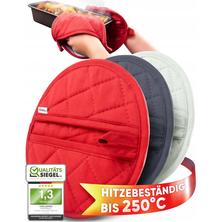 Комплект кухненски ръкавици, 2 броя, устойчиви на температури до 250C, червени, 20x20 см
