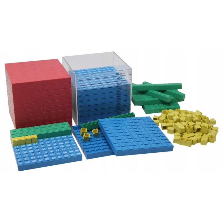 Set educativ Dienes 132 piese, 100 cuburi galbene, 20 bare verzi, 5 placi albastre, 1 cub rosu, 1 cub transparent, 1 cm