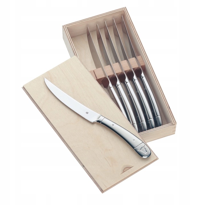 Set 6 Cutite pentru Steak WMF, Cromargan, lama zimtata, 23cm, in cutie din lemn