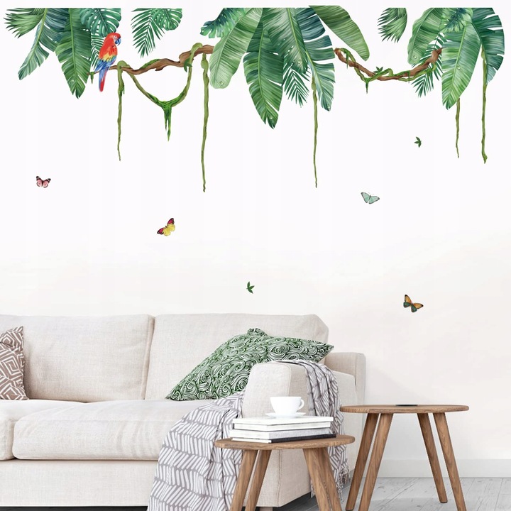 Sticker decorativ set, Wonderever, plante tropicale cu papagali si fluturi, 90x30cm, multicolor