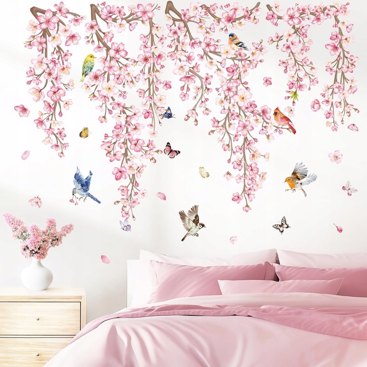 Set de stickere decorative pentru perete, flori de cires si pasari, 30x90cm
