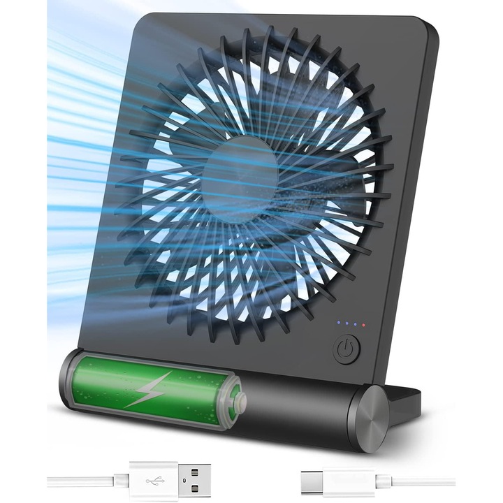 Hordozható Asztali Ventilátor, 3 Sebességfokozat, USB Type C, 2000 mAh Akkumulátor, Kefe Nélküli Motor, 14.5 x 3.8 x 17.5 cm, Fekete
