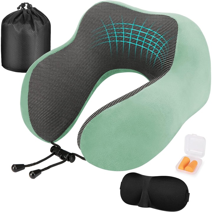 Set perna calatorie ergonomic cu spuma memory, 1 pereche dopuri urechi, masca de somn, multicolor