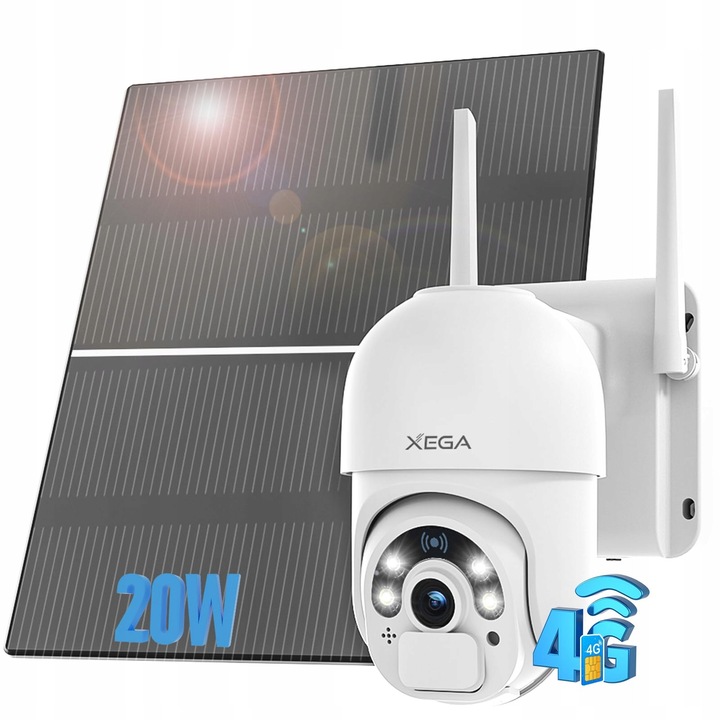 Camera de supraveghere 4G LTE Xega cu SIM, panou solar 20W, acumulator 20000mAh, 2K, 3MP, rotire 355°/95°, fara Wi-Fi