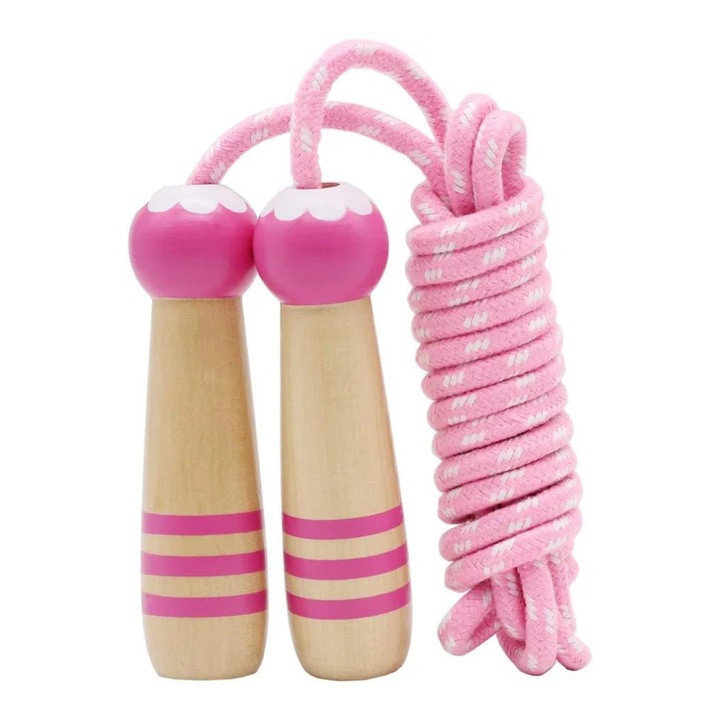 Coarda de sarit pentru copii, roz, 2.6m, maner din lemn, ajustabila