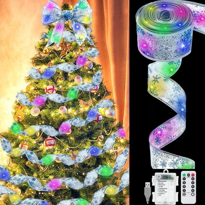 Banda LED 10m, 100 lumini, design fulgi de zapada, cu telecomanda, alimentare baterii sau USB, multicolor