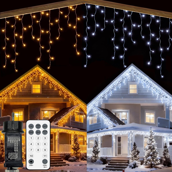 Lampa cu LED-uri 300, ефект на дъжд от лед, 9м, топло бяло и бяло, с дистанционно управление, декоративен комплект за Коледа и Хелоуин