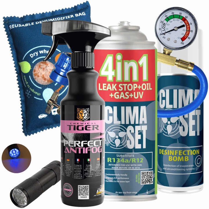 Set ClimaSet 4w1 R134a, odorizant pentru aer conditionat, absorbant de umiditate, agent antifog, lime